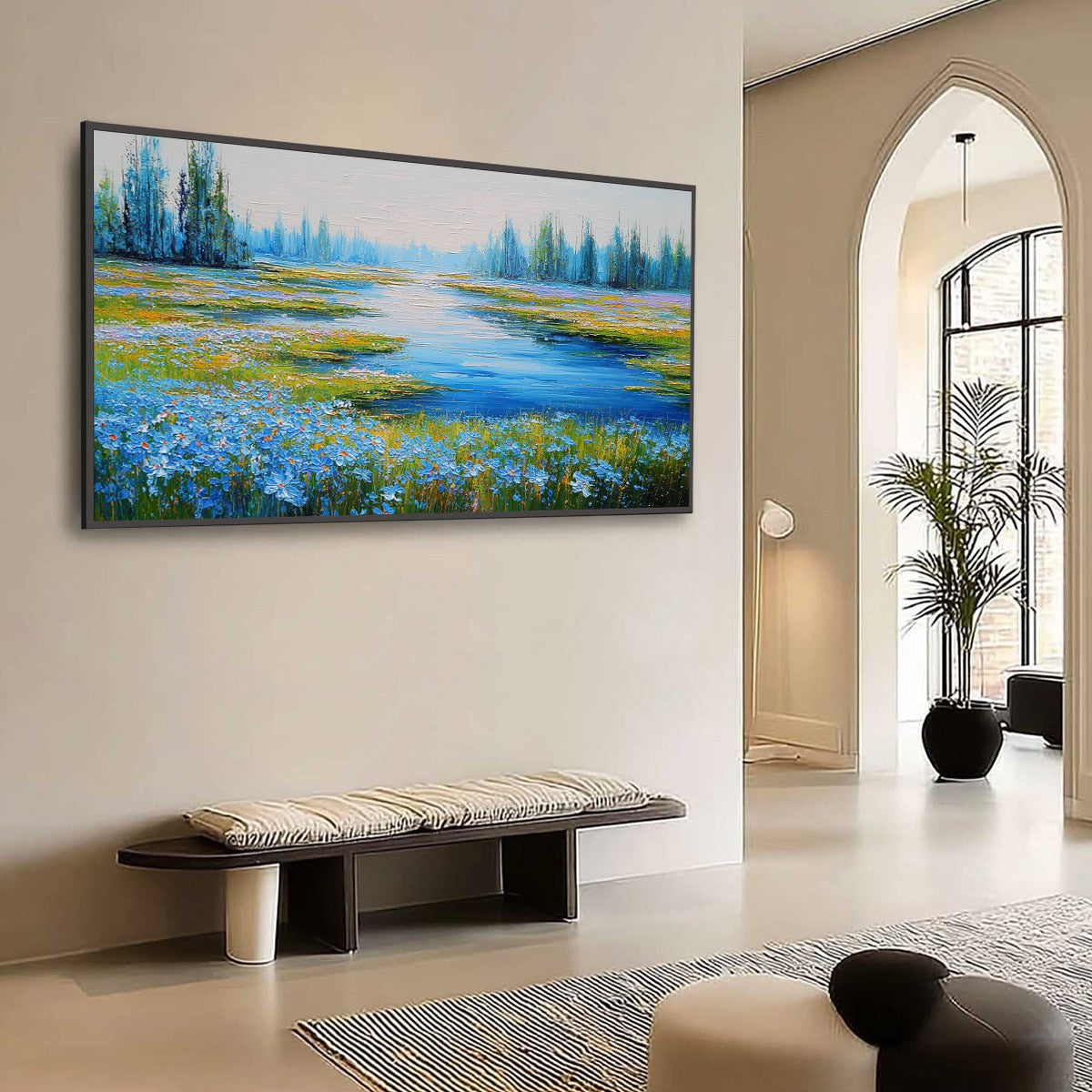 AZURE REVERIE: Textured Palette Knife Painting of a Serene Lakeside Meadow - Image 7