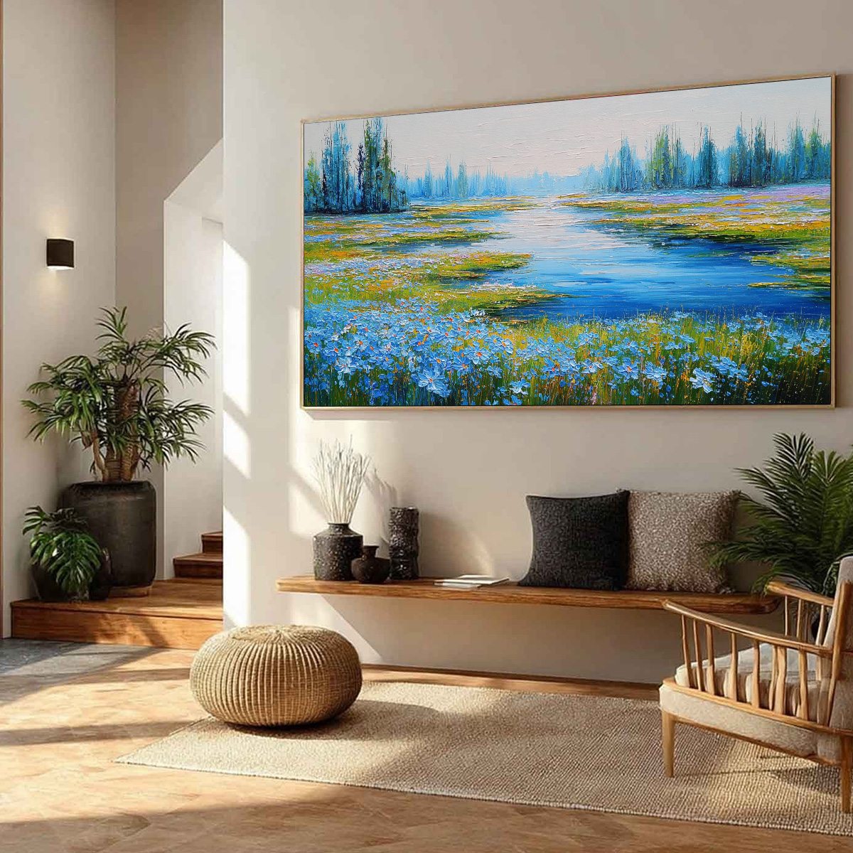 AZURE REVERIE: Textured Palette Knife Painting of a Serene Lakeside Meadow - Image 8