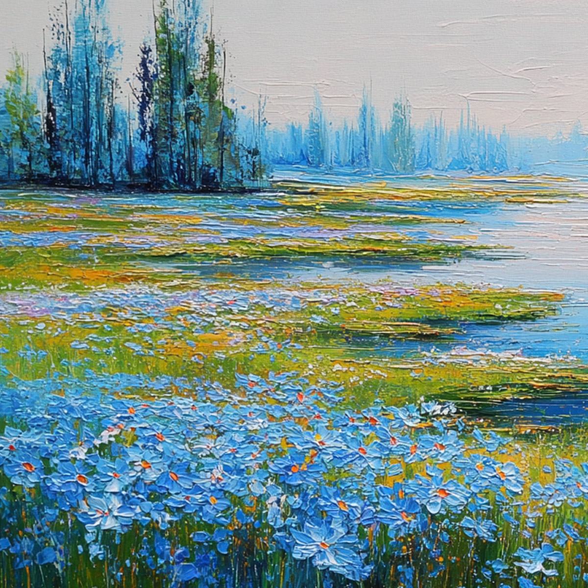 AZURE REVERIE: Textured Palette Knife Painting of a Serene Lakeside Meadow - Image 3