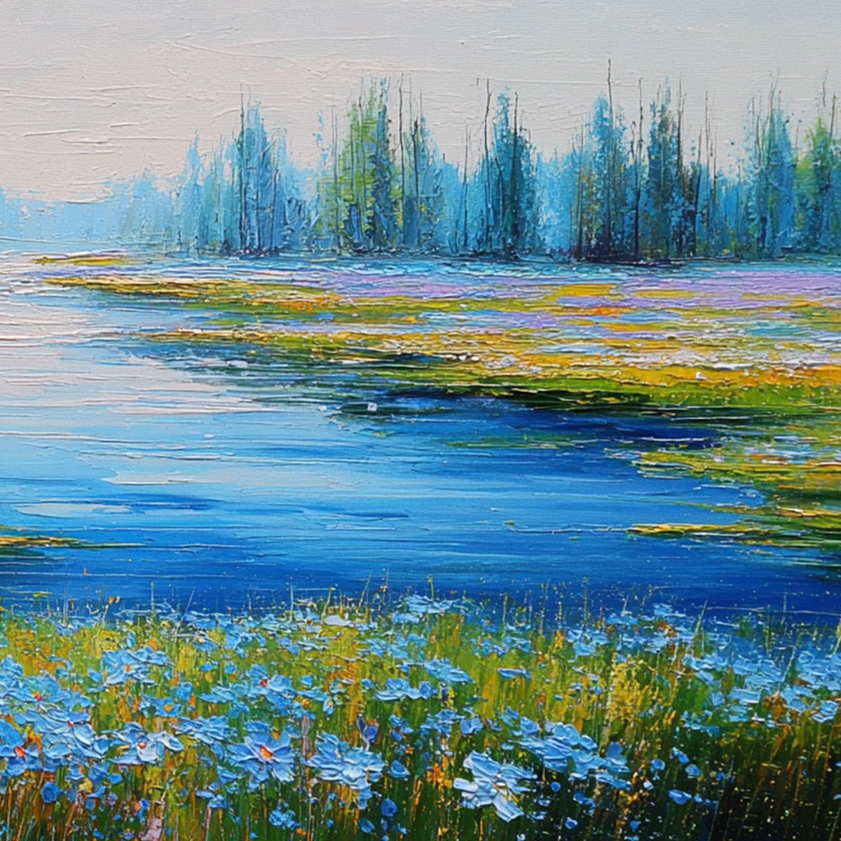 AZURE REVERIE: Textured Palette Knife Painting of a Serene Lakeside Meadow - Image 5