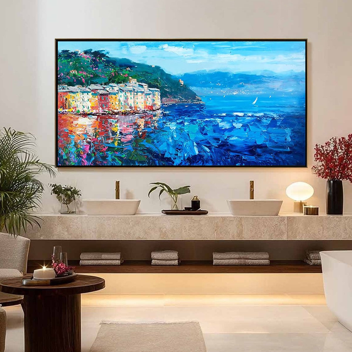AZURE RIVIERA: Palette Knife Coastal Seascape Oil Painting - Image 2
