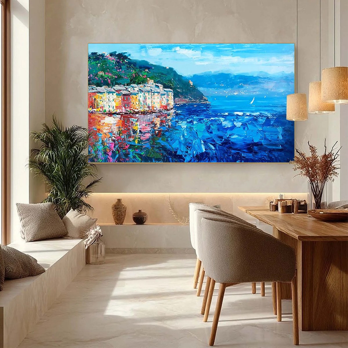 AZURE RIVIERA: Palette Knife Coastal Seascape Oil Painting - Image 7