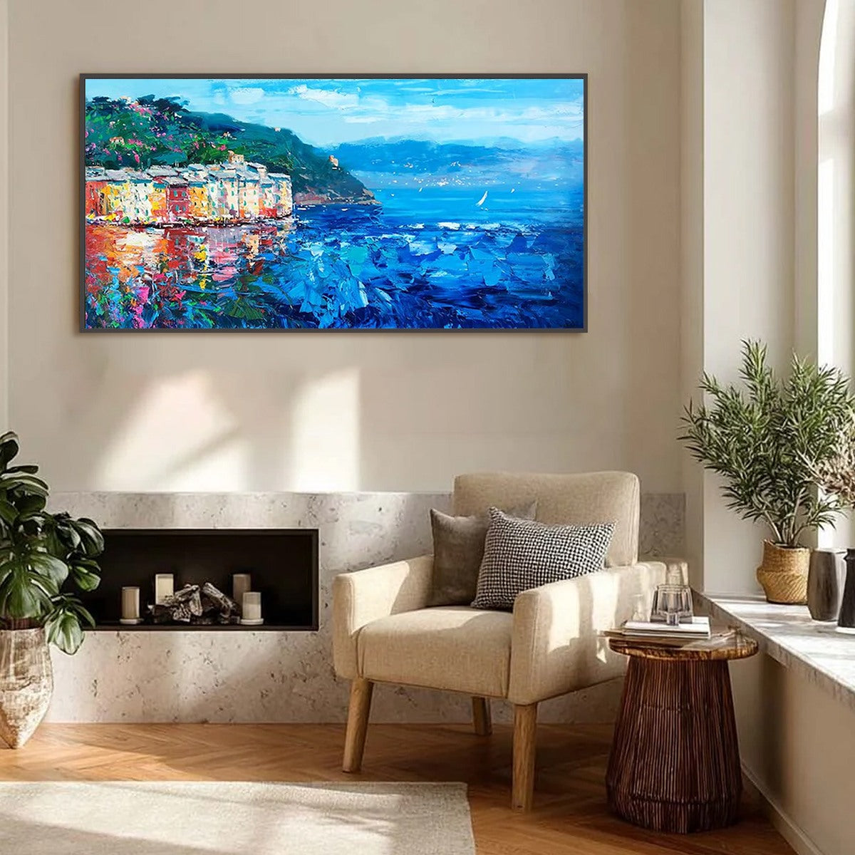 AZURE RIVIERA: Palette Knife Coastal Seascape Oil Painting - Image 8