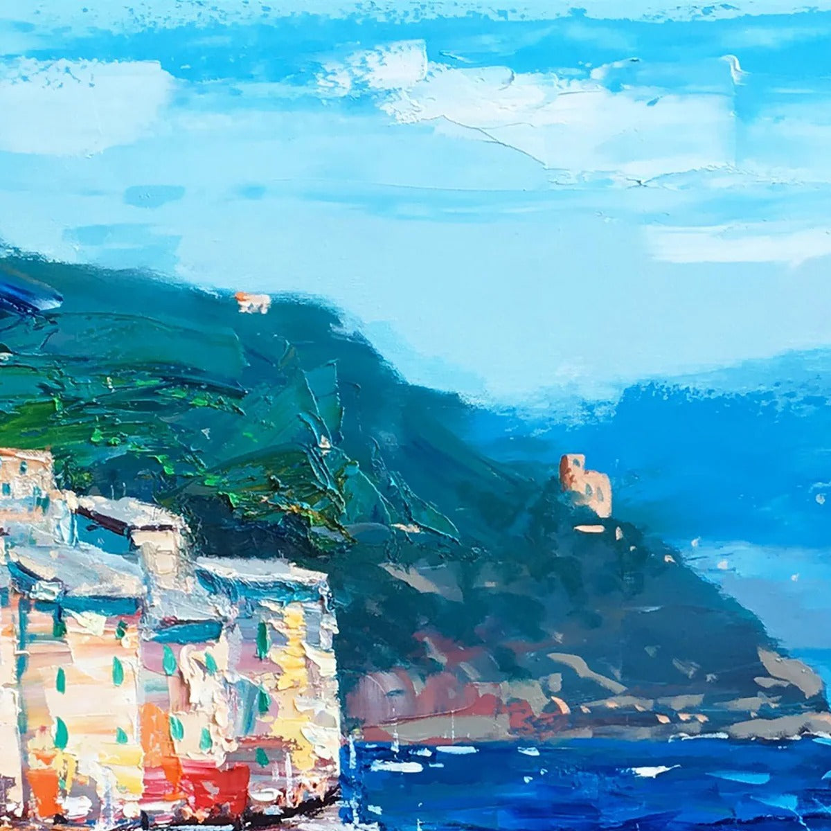 AZURE RIVIERA: Palette Knife Coastal Seascape Oil Painting - Image 3