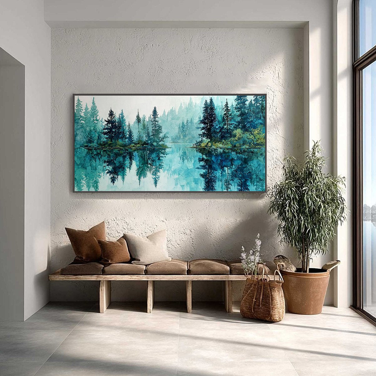 AZURE SANCTUARY: Horizontal Forest Lake Reflection Landscape Painting - Image 2