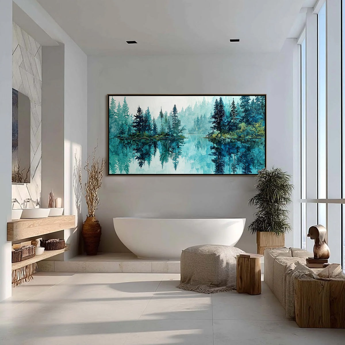 AZURE SANCTUARY: Horizontal Forest Lake Reflection Landscape Painting - Image 4