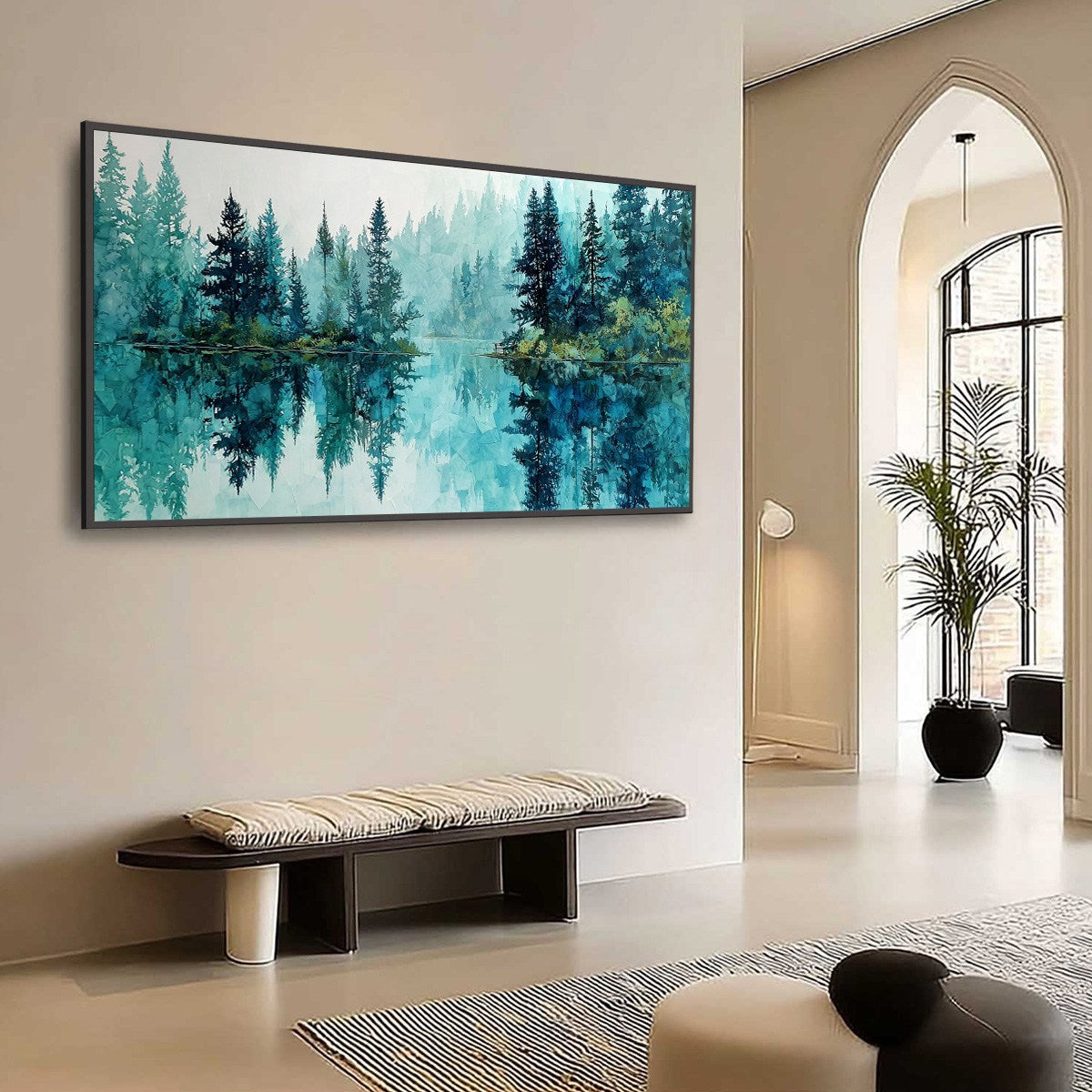 AZURE SANCTUARY: Horizontal Forest Lake Reflection Landscape Painting - Image 7