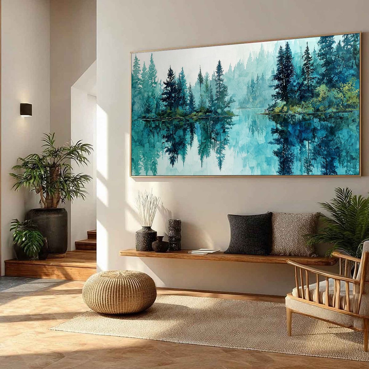 AZURE SANCTUARY: Horizontal Forest Lake Reflection Landscape Painting - Image 8