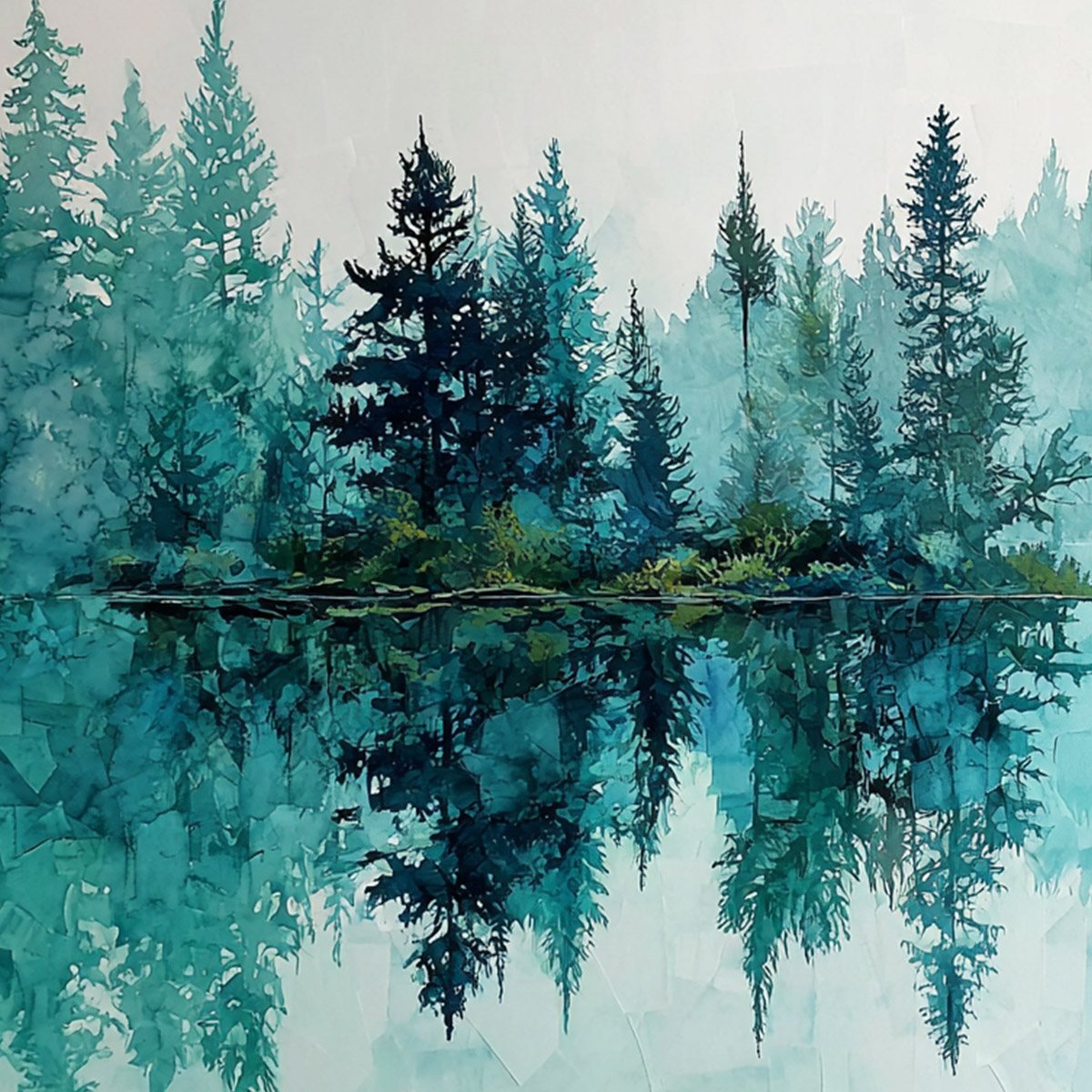 AZURE SANCTUARY: Horizontal Forest Lake Reflection Landscape Painting - Image 3