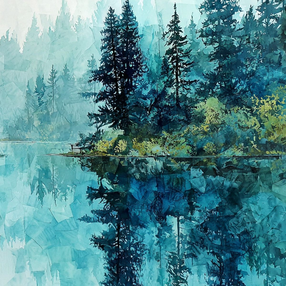 AZURE SANCTUARY: Horizontal Forest Lake Reflection Landscape Painting - Image 5