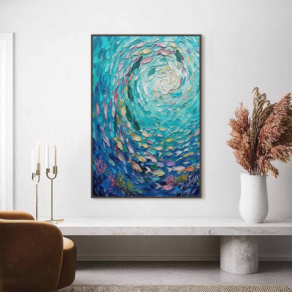 AZURE WHIRLPOOL: Textured Impasto Painting of a Vibrant Fish School - Image 6