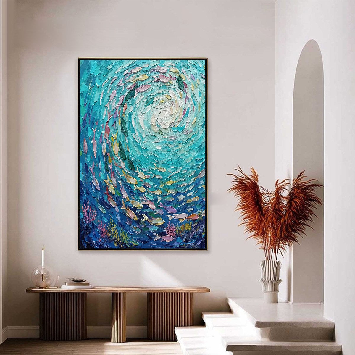 AZURE WHIRLPOOL: Textured Impasto Painting of a Vibrant Fish School - Image 4