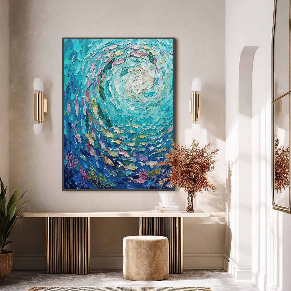 AZURE WHIRLPOOL: Textured Impasto Painting of a Vibrant Fish School - Image 2