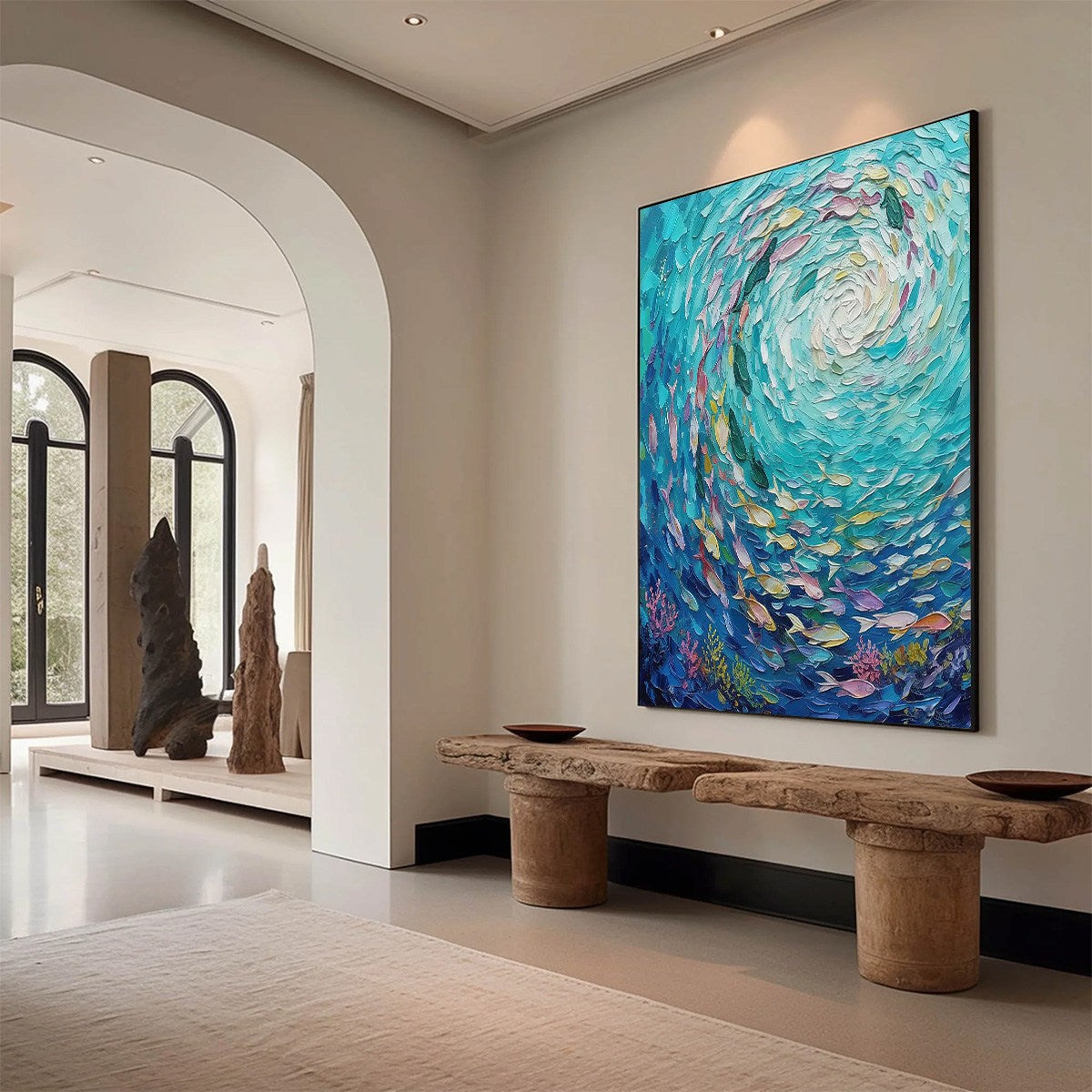 AZURE WHIRLPOOL: Textured Impasto Painting of a Vibrant Fish School - Image 7