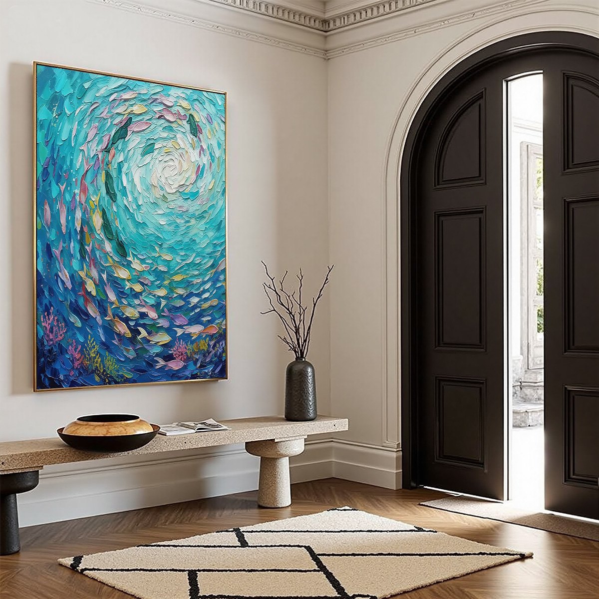 AZURE WHIRLPOOL: Textured Impasto Painting of a Vibrant Fish School - Image 8