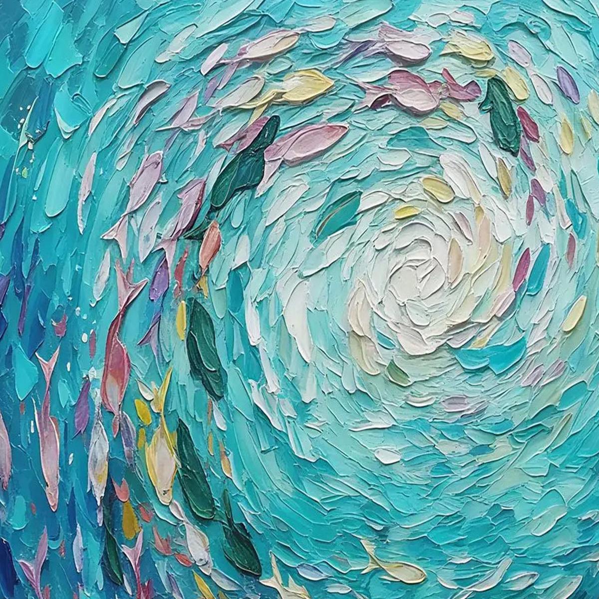 AZURE WHIRLPOOL: Textured Impasto Painting of a Vibrant Fish School - Image 3