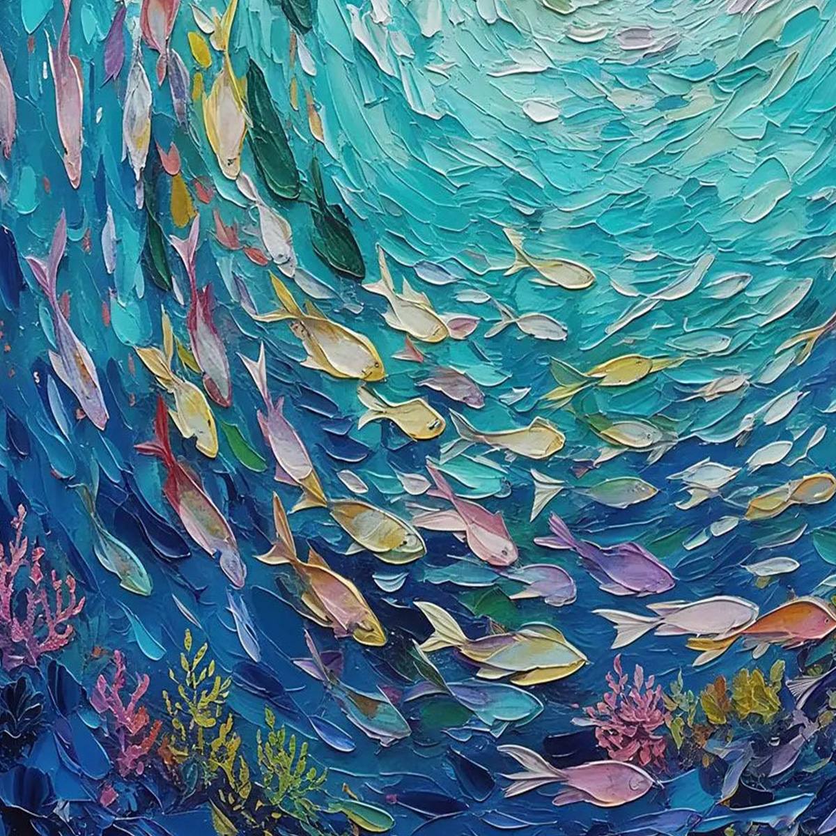 AZURE WHIRLPOOL: Textured Impasto Painting of a Vibrant Fish School - Image 5
