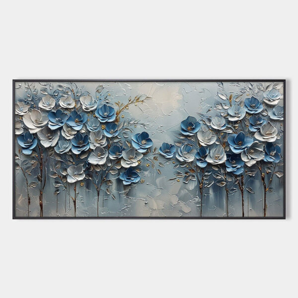 AZURE BLOSSOMS: Textured Blue and Gold Floral Oil Painting