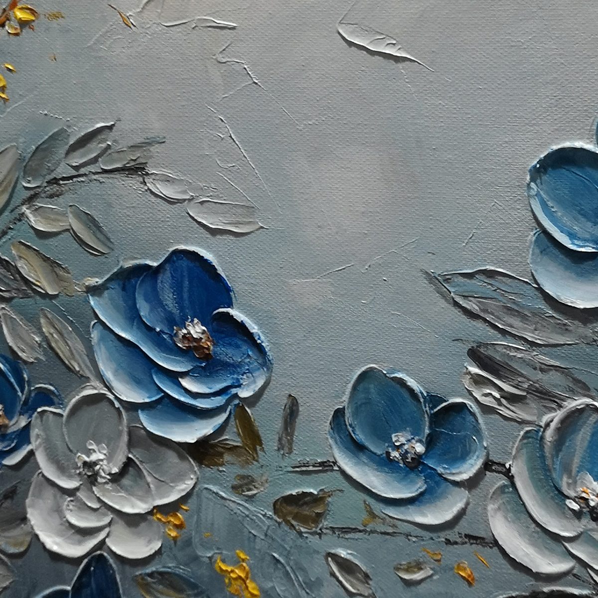 AZURE BLOSSOMS: Textured Blue and Gold Floral Oil Painting - Image 5