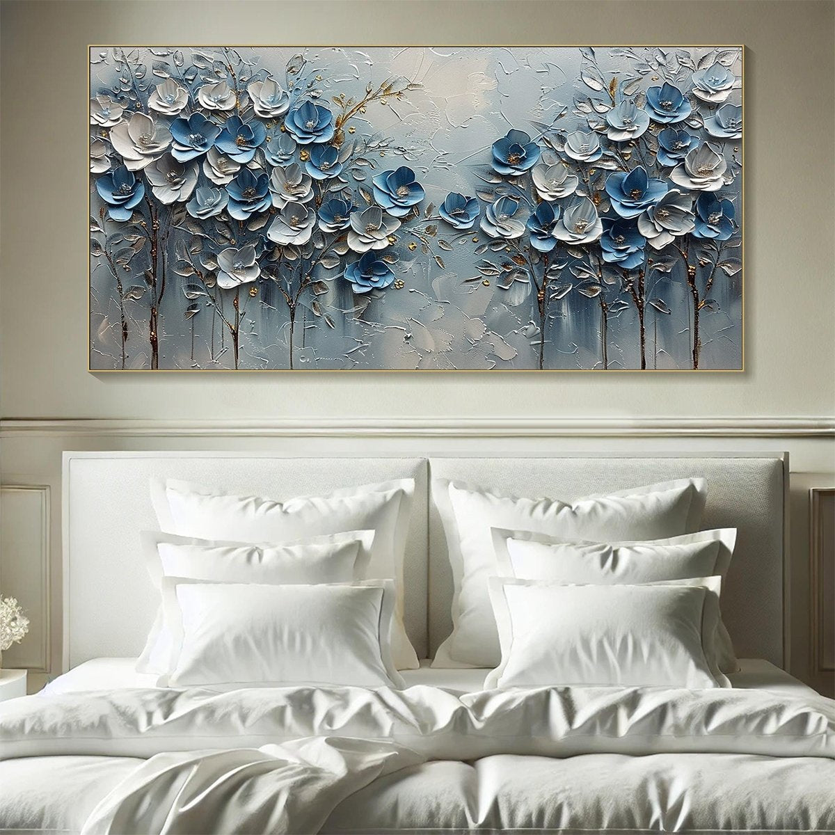 AZURE BLOSSOMS: Textured Blue and Gold Floral Oil Painting - Image 2