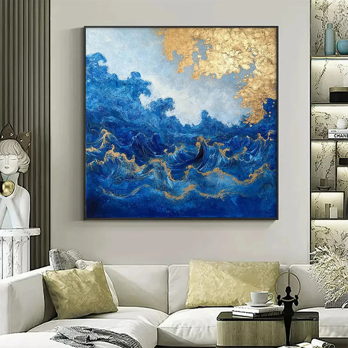 AZURE CREST: Square Abstract Ocean Waves Oil Painting with Gold Leaf - Image 2