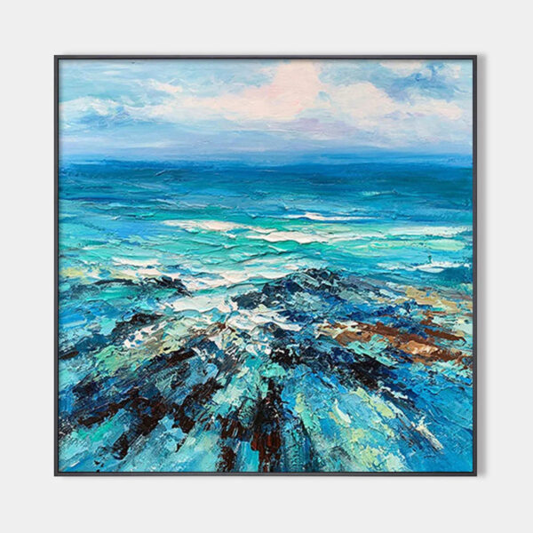 AZURE DEPTHS: Impasto Seascape Oil Painting in Blues and Greens