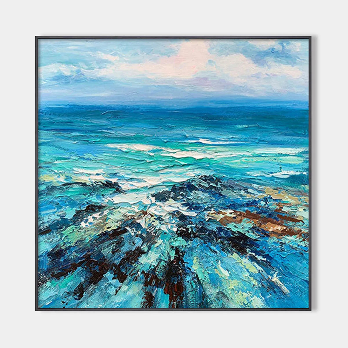 AZURE DEPTHS: Impasto Seascape Oil Painting in Blues and Greens
