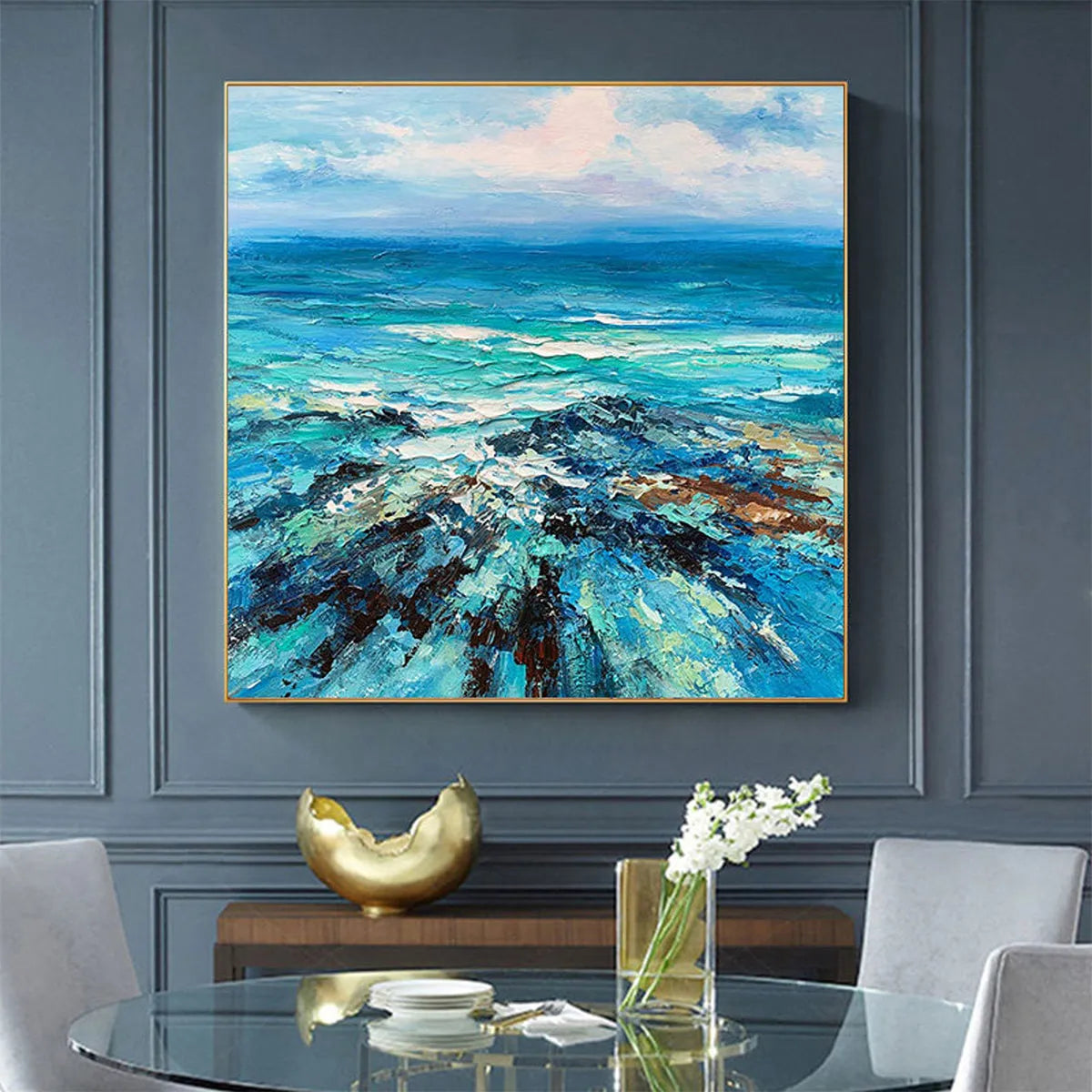 AZURE DEPTHS: Impasto Seascape Oil Painting in Blues and Greens - Image 2