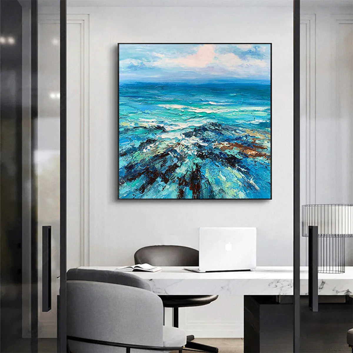 AZURE DEPTHS: Impasto Seascape Oil Painting in Blues and Greens - Image 5