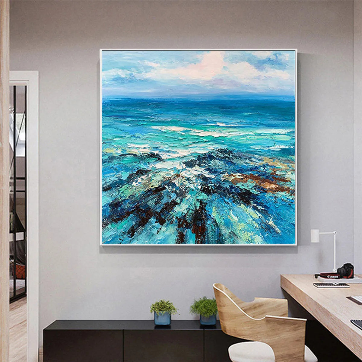 AZURE DEPTHS: Impasto Seascape Oil Painting in Blues and Greens - Image 7