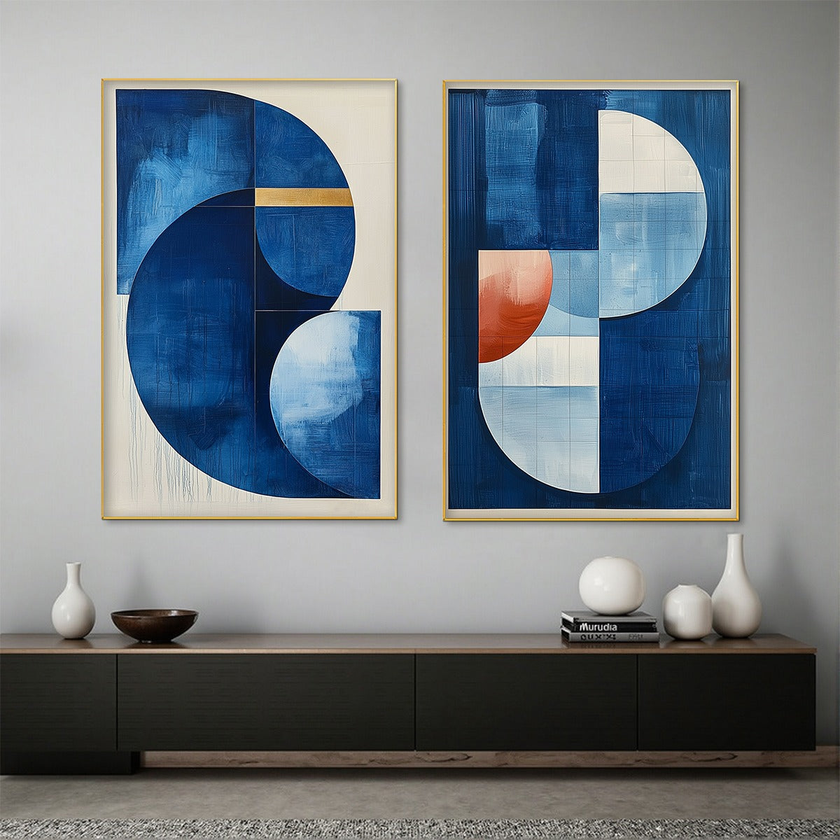 AZURE DEPTHS: Minimalist Blue and Gold Abstract Oil Painting - Image 4