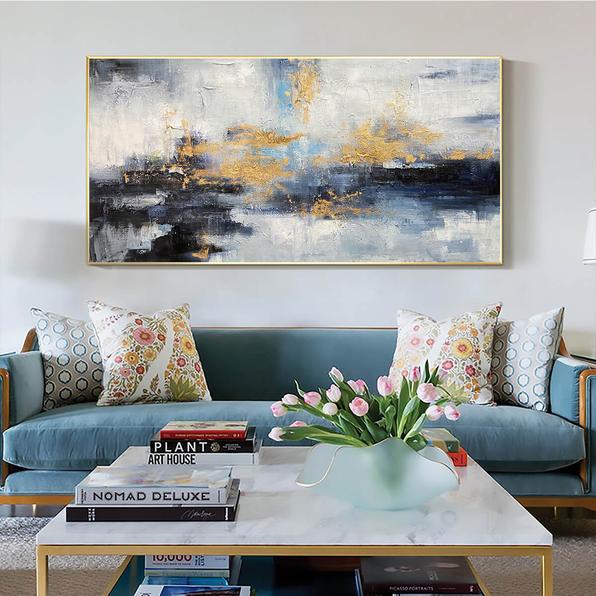 AZURE DREAM: Abstract Blue and Gold Oil Painting - Image 7