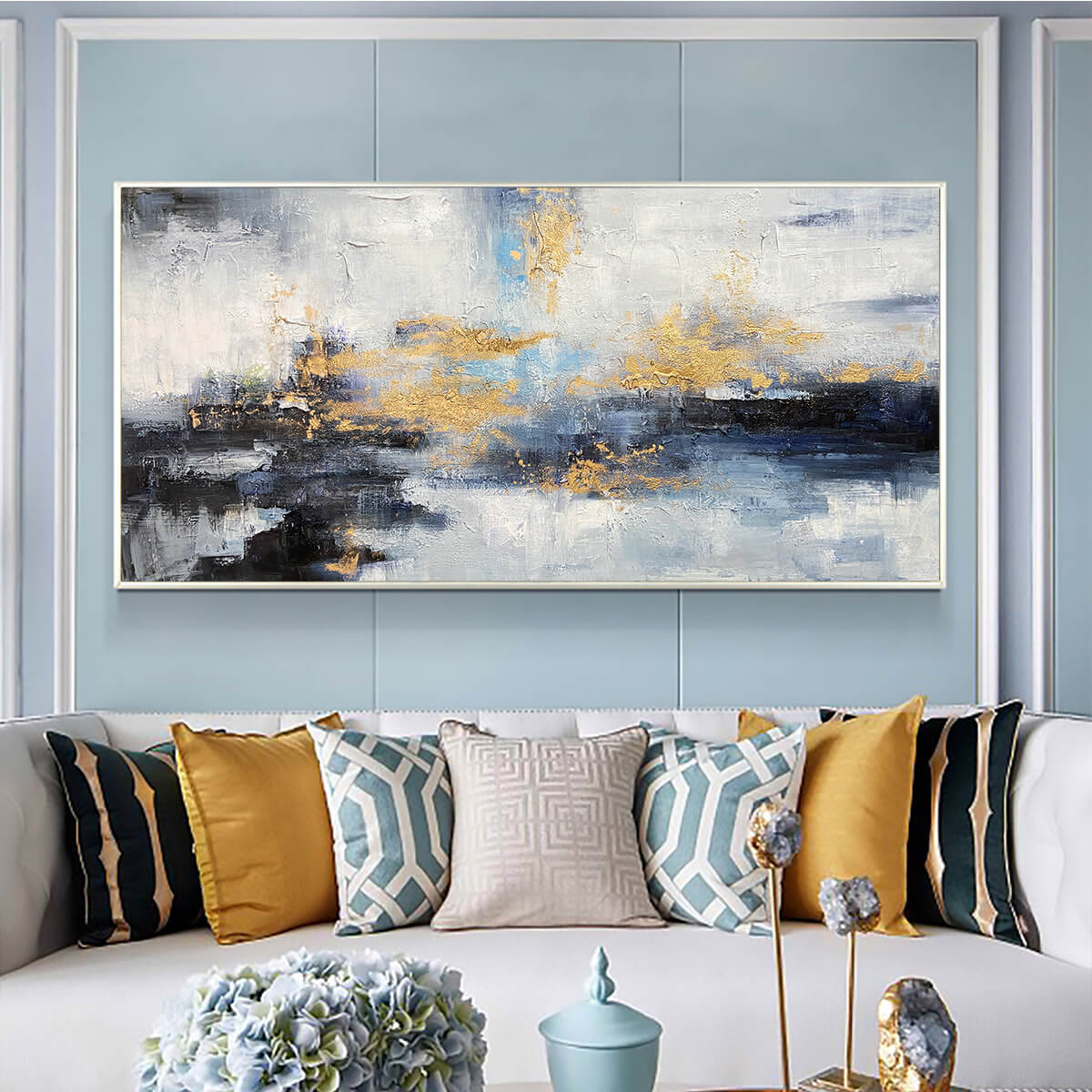 AZURE DREAM: Abstract Blue and Gold Oil Painting - Image 2