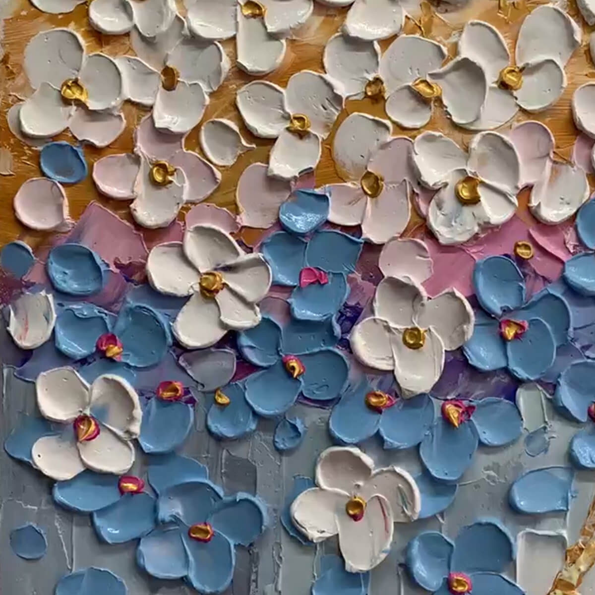 AZURE DREAM: Textured Floral Landscape Oil Painting in Blue, White, and Gold - Image 3