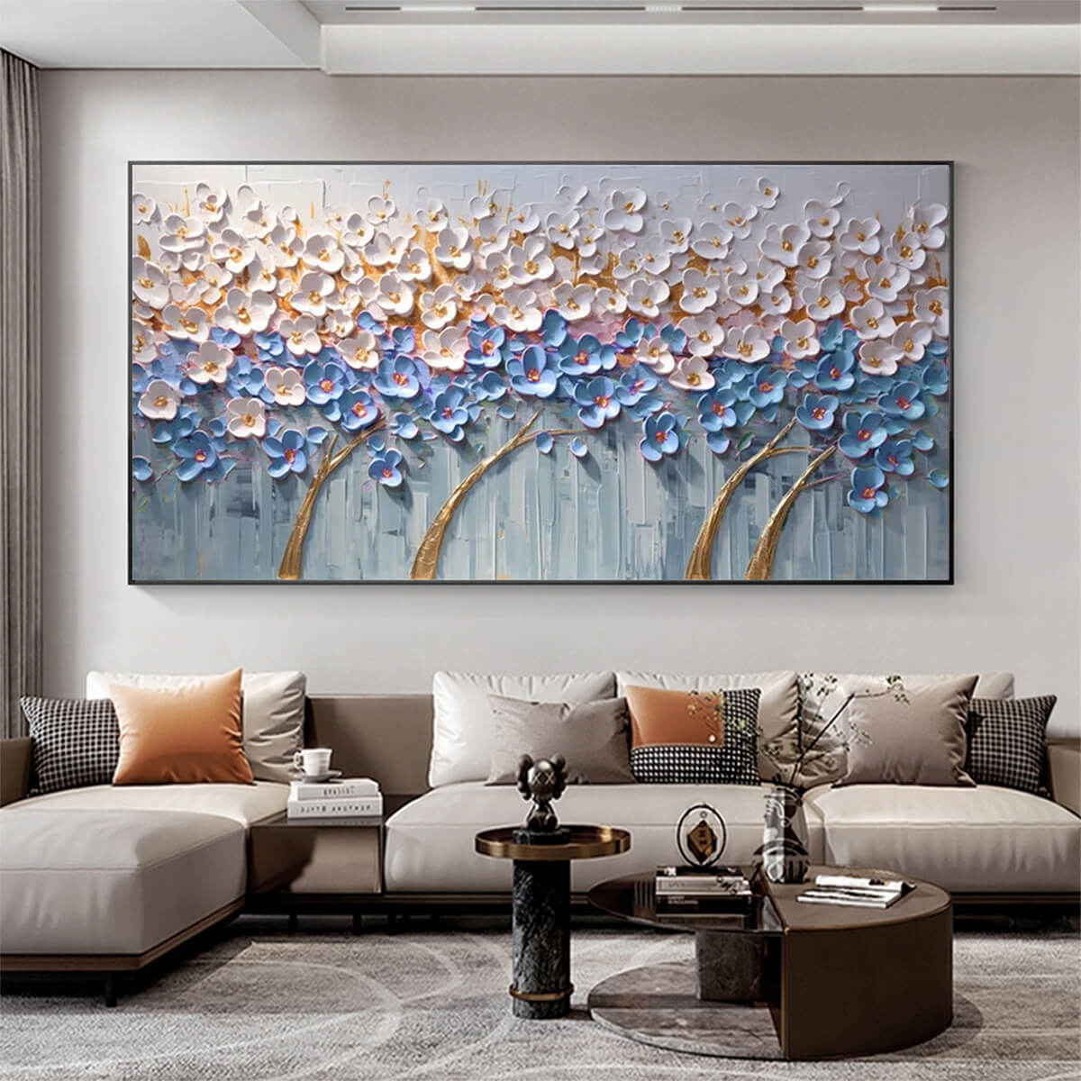 AZURE DREAM: Textured Floral Landscape Oil Painting in Blue, White, and Gold - Image 2
