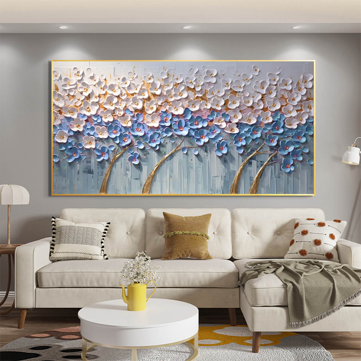 AZURE DREAM: Textured Floral Landscape Oil Painting in Blue, White, and Gold - Image 7