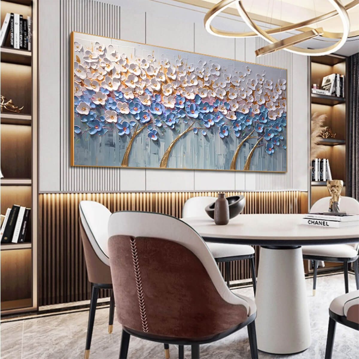 AZURE DREAM: Textured Floral Landscape Oil Painting in Blue, White, and Gold - Image 4