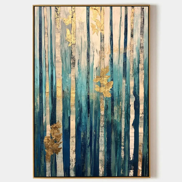 AZURE FOREST: Vertical Abstract Forest Oil Painting with Gold Leaf