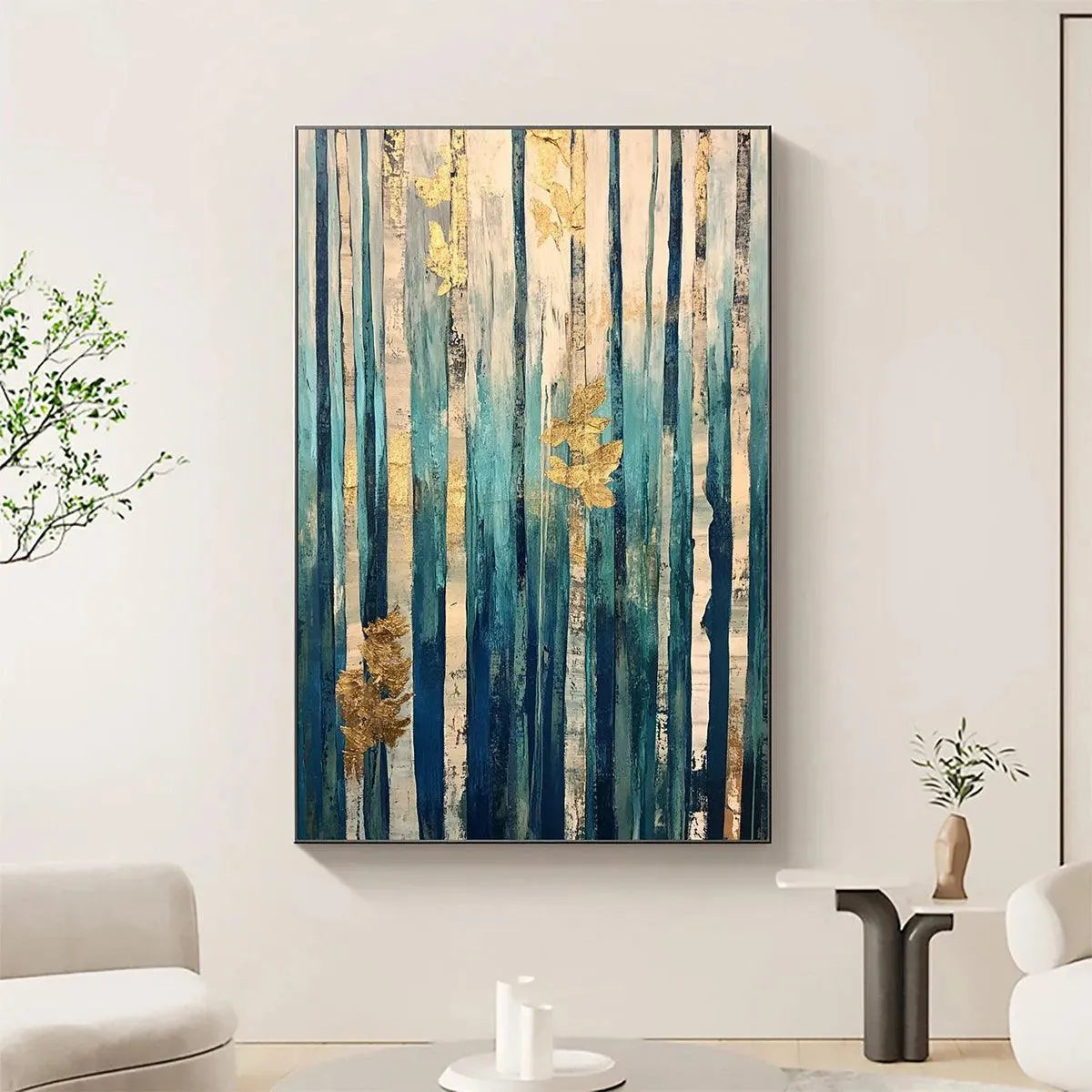 AZURE FOREST: Vertical Abstract Forest Oil Painting with Gold Leaf - Image 2
