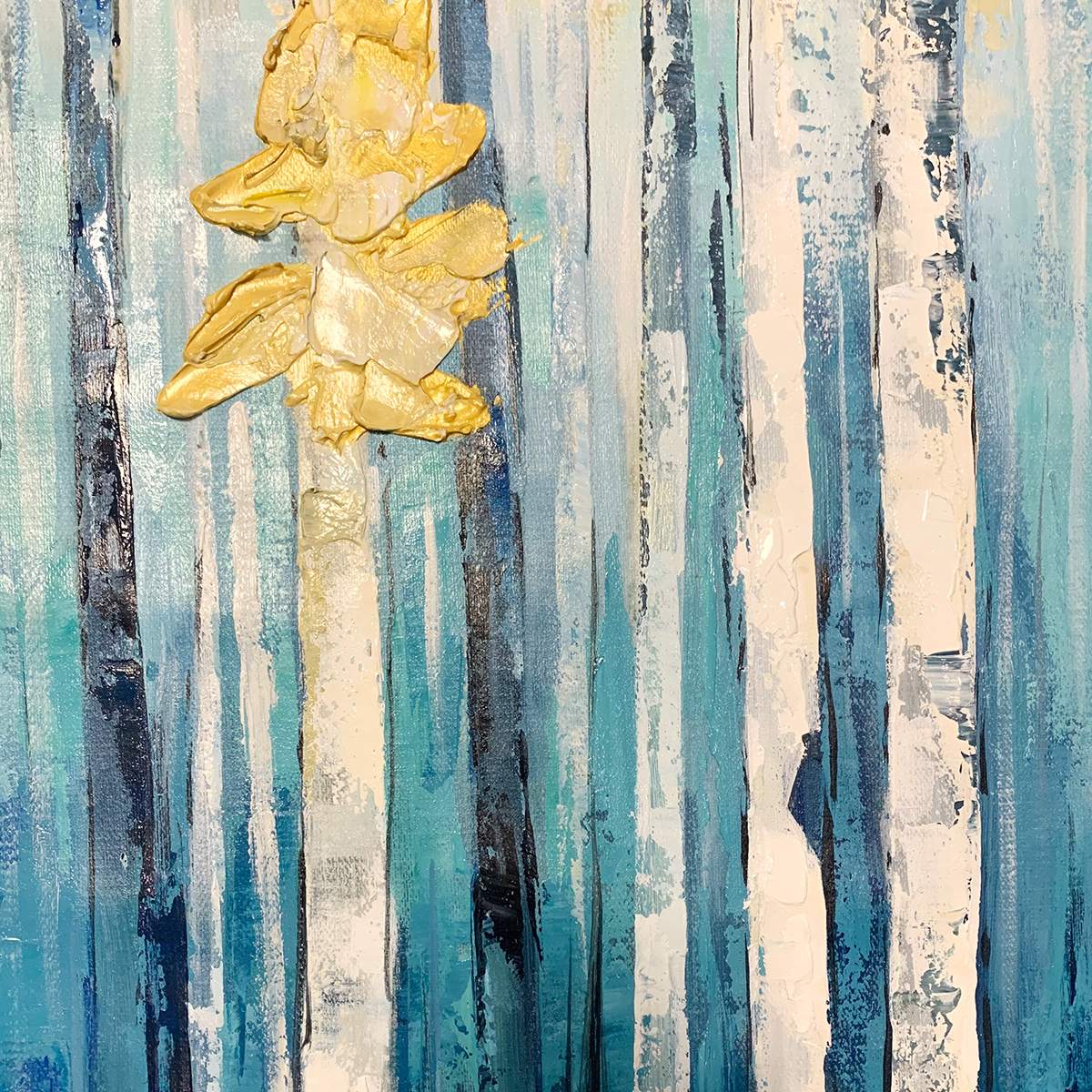 AZURE FOREST: Vertical Abstract Forest Oil Painting with Gold Leaf - Image 3