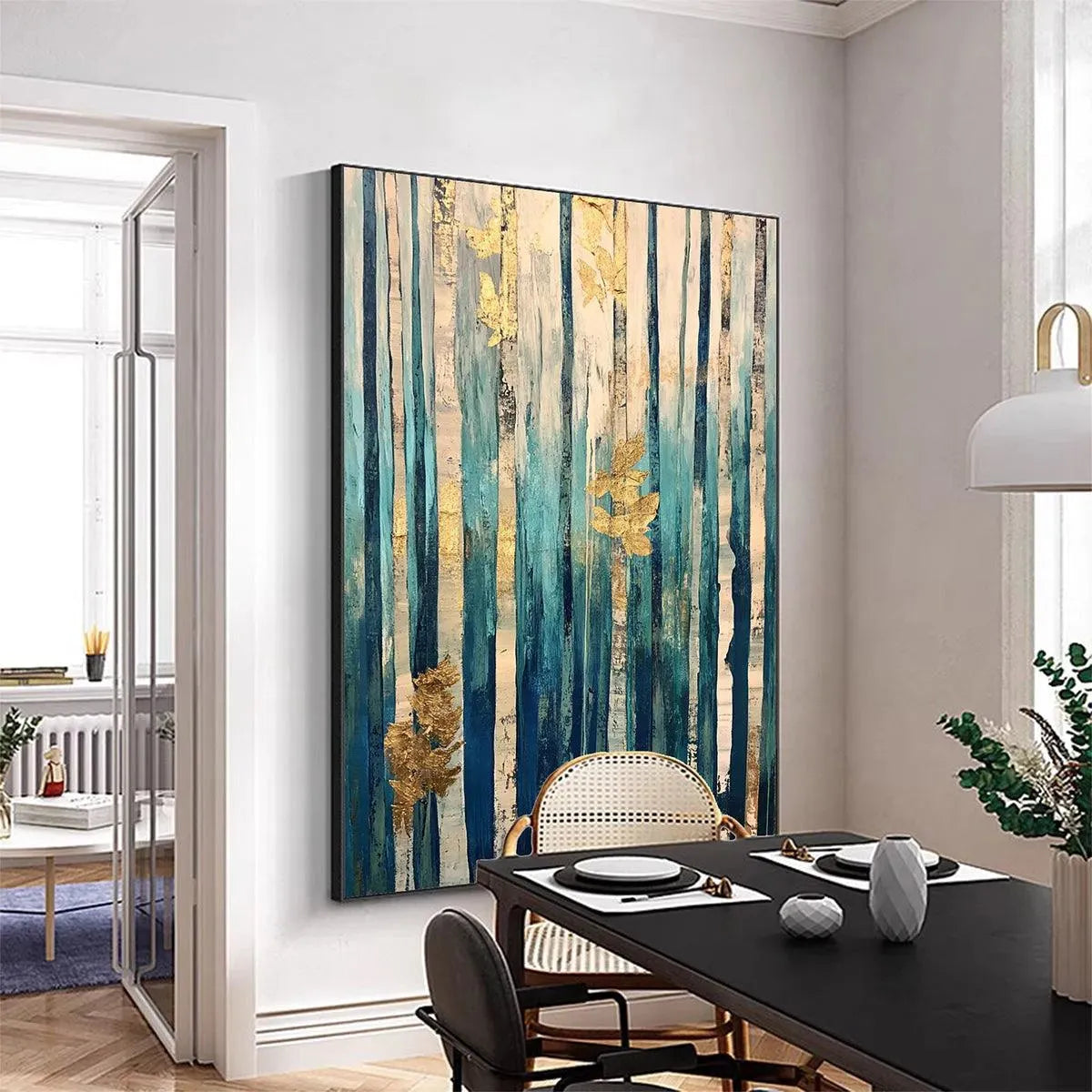 AZURE FOREST: Vertical Abstract Forest Oil Painting with Gold Leaf - Image 4