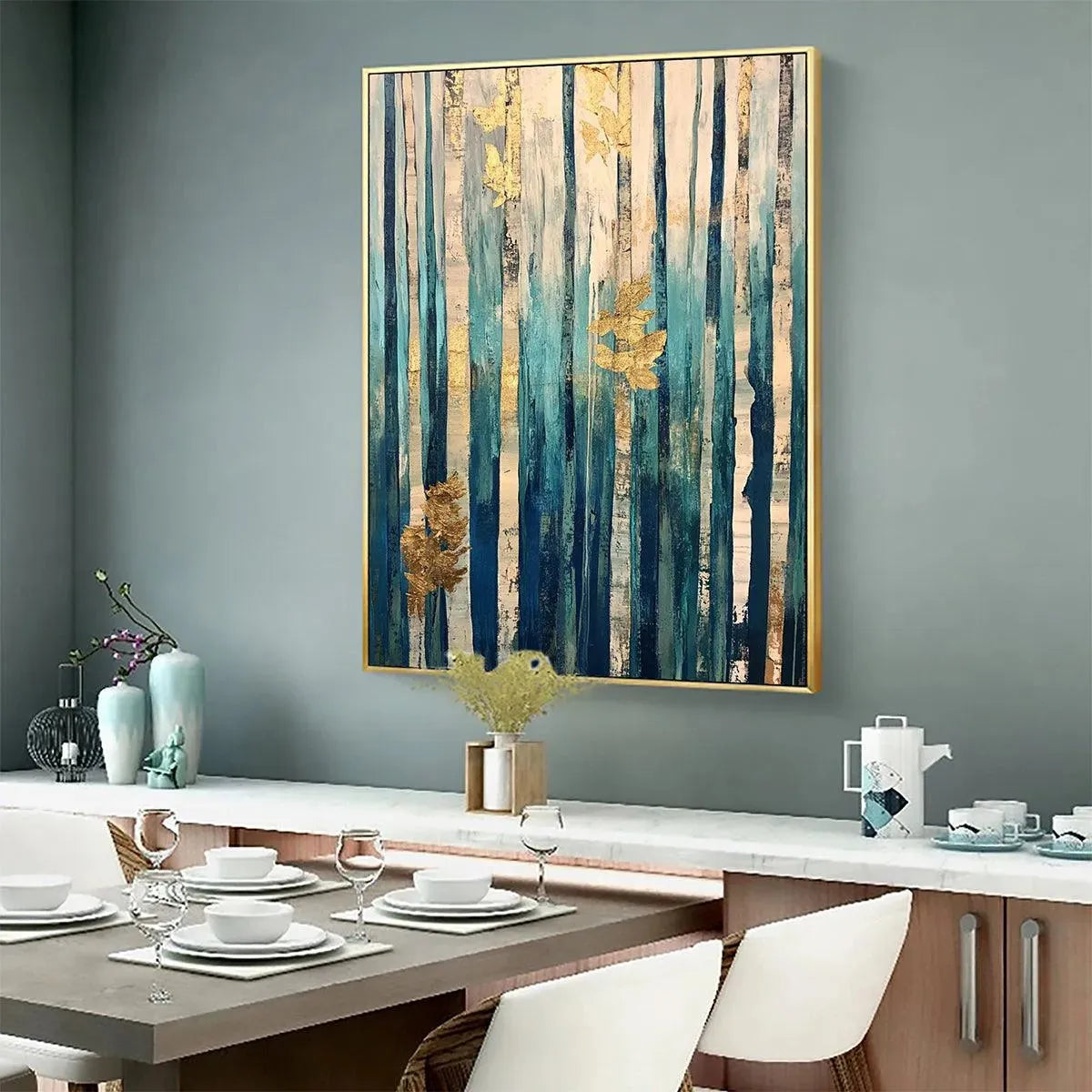 AZURE FOREST: Vertical Abstract Forest Oil Painting with Gold Leaf - Image 5