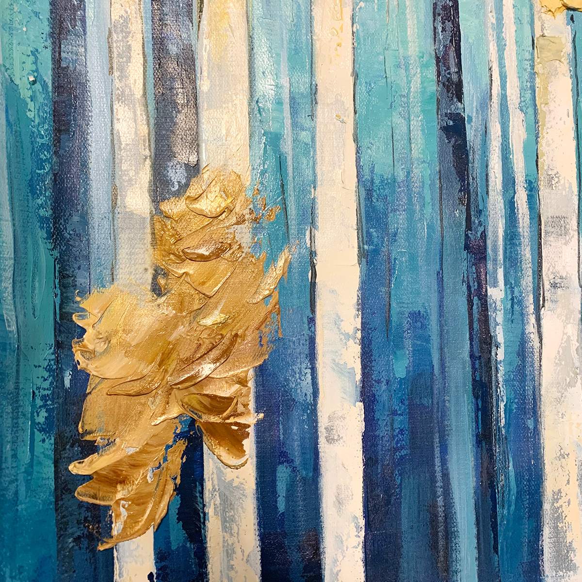 AZURE FOREST: Vertical Abstract Forest Oil Painting with Gold Leaf - Image 6