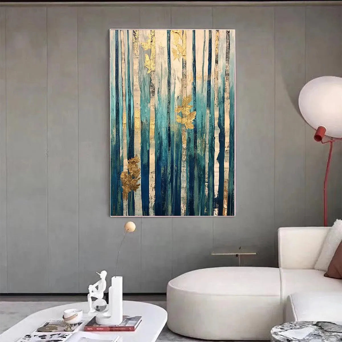 AZURE FOREST: Vertical Abstract Forest Oil Painting with Gold Leaf - Image 7