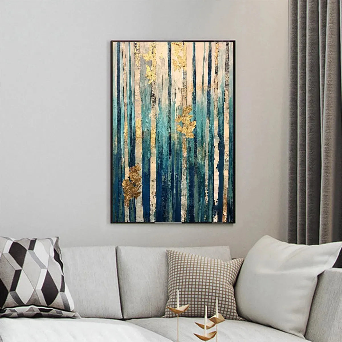 AZURE FOREST: Vertical Abstract Forest Oil Painting with Gold Leaf - Image 8
