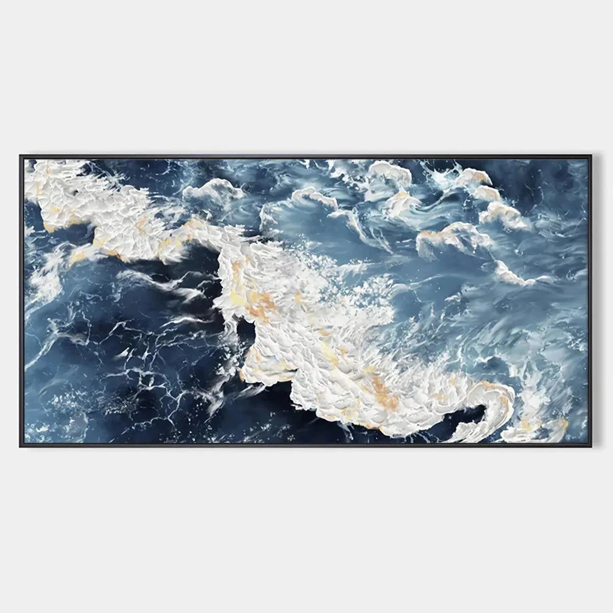 AZURE WHISPERS: Panoramic Abstract Ocean Painting in Blue and Gold