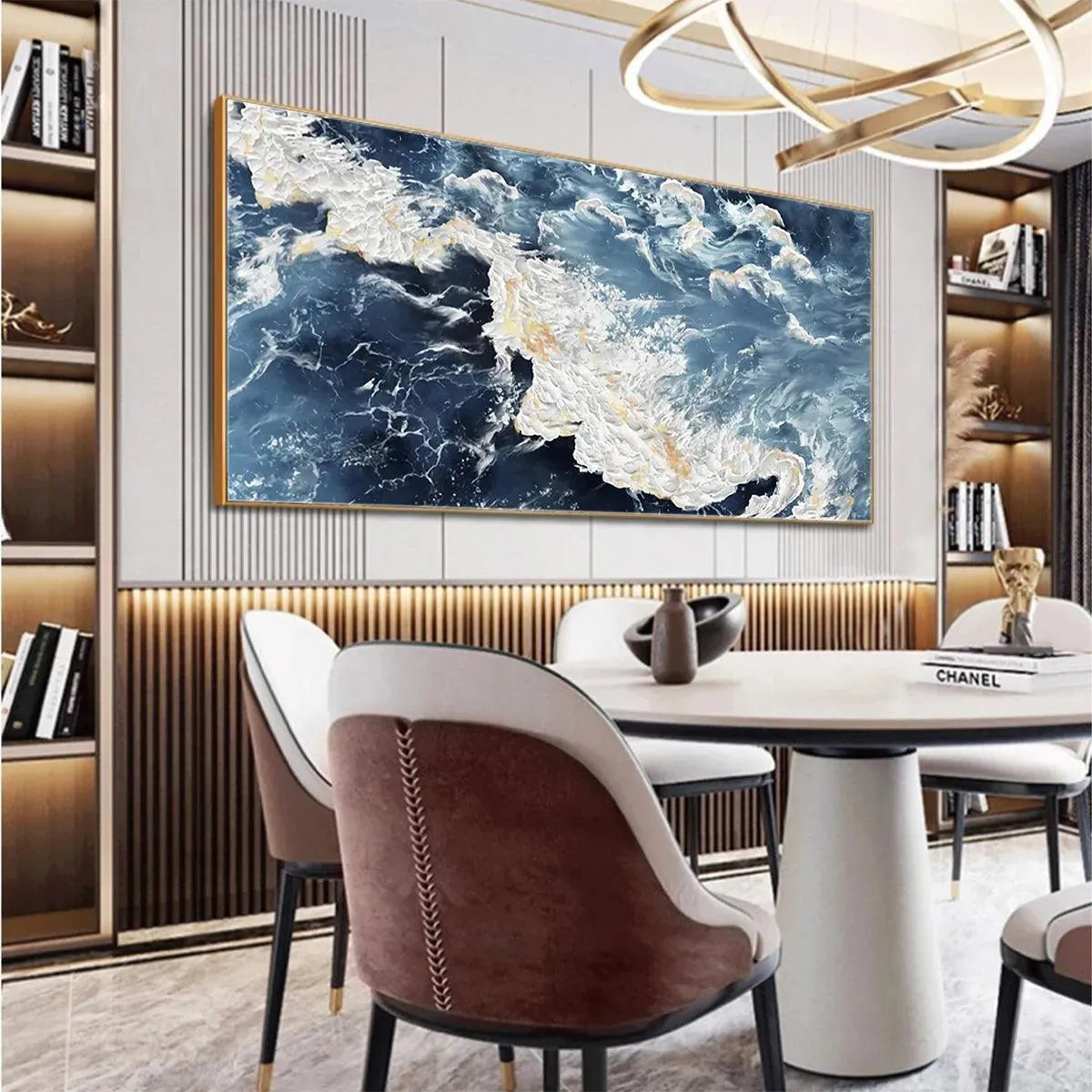 AZURE WHISPERS: Panoramic Abstract Ocean Painting in Blue and Gold - Image 4
