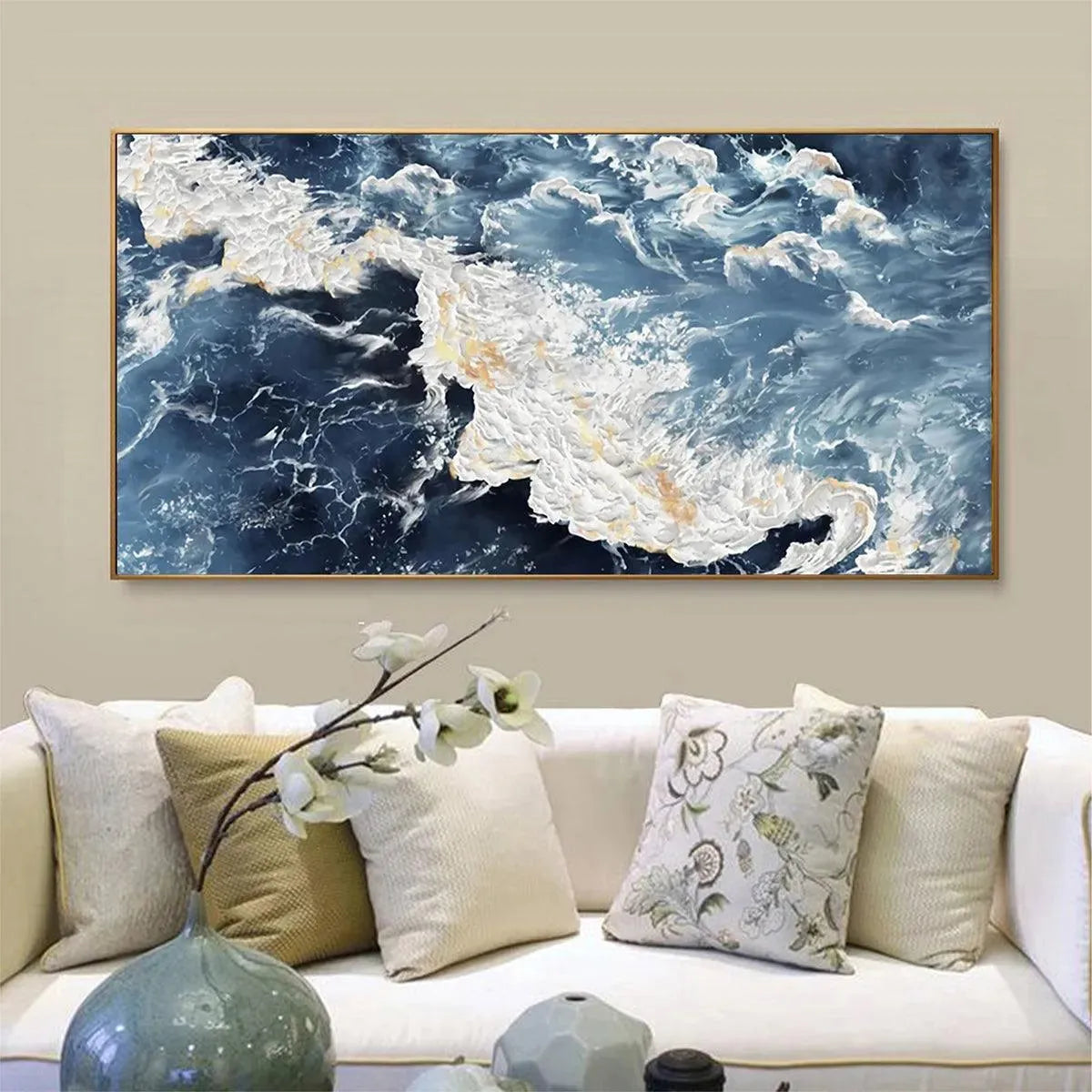 AZURE WHISPERS: Panoramic Abstract Ocean Painting in Blue and Gold - Image 5