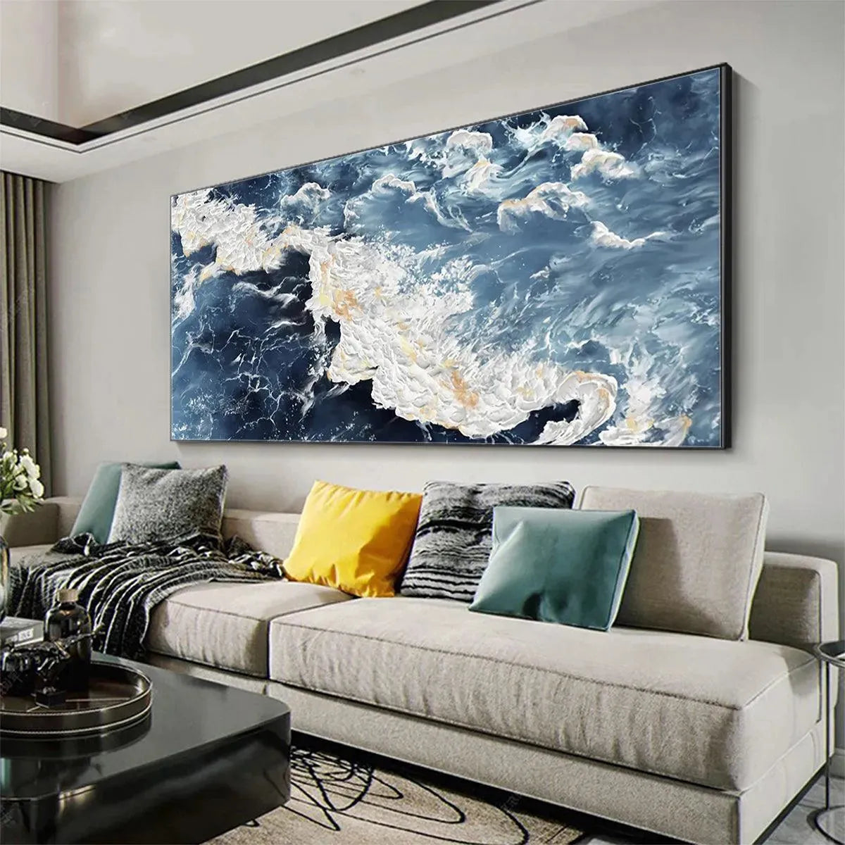 AZURE WHISPERS: Panoramic Abstract Ocean Painting in Blue and Gold - Image 7