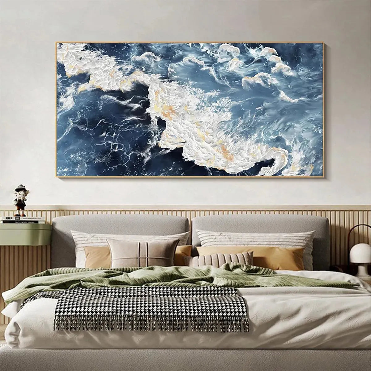AZURE WHISPERS: Panoramic Abstract Ocean Painting in Blue and Gold - Image 8